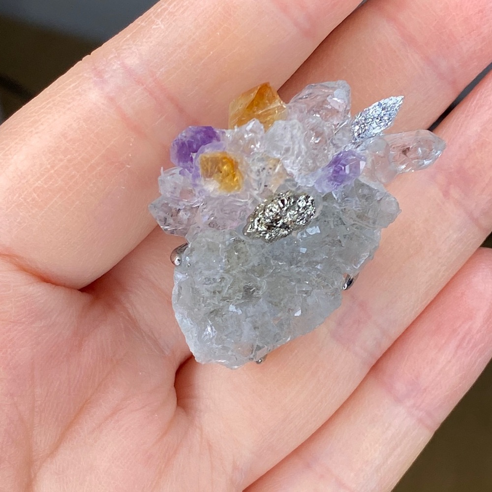 Natural Amethyst & Citrine Crystal Cluster Ring • Raw Pyrite Accent • Herkimer - Picture 3 of 11
